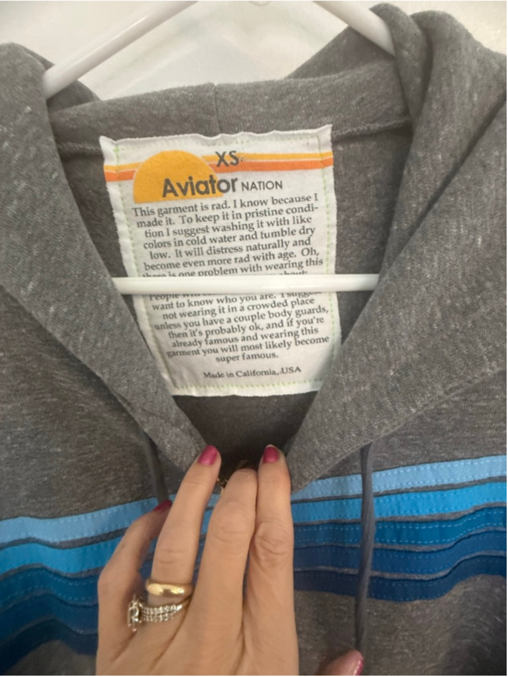 Aviator Nation Gray & Blue Striped Full-Zip Hoodie XS, soft, oversized, comfort - Picture 5 of 9